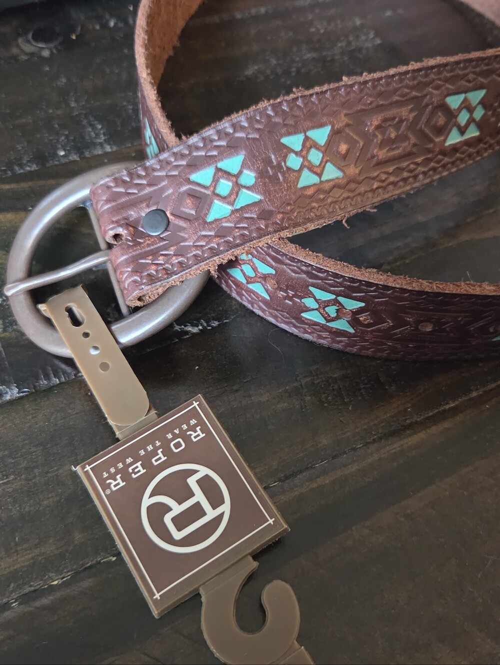 NWT Roper Brown Leather Belt with Turquoise Accent Inlay
